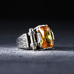 Genuine 925 Sterling Silver Citrine Yellow Zircon Men's Ring High Quality Fashion Business Jewelry Accessory Gift For Him