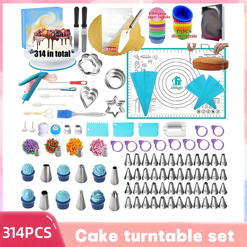 314/340PCS Cake Decorating Tools Set Stainless Steel Icing Piping Nozzles Anti-slip Cake Turntable Rotating Color Cupcake Mold