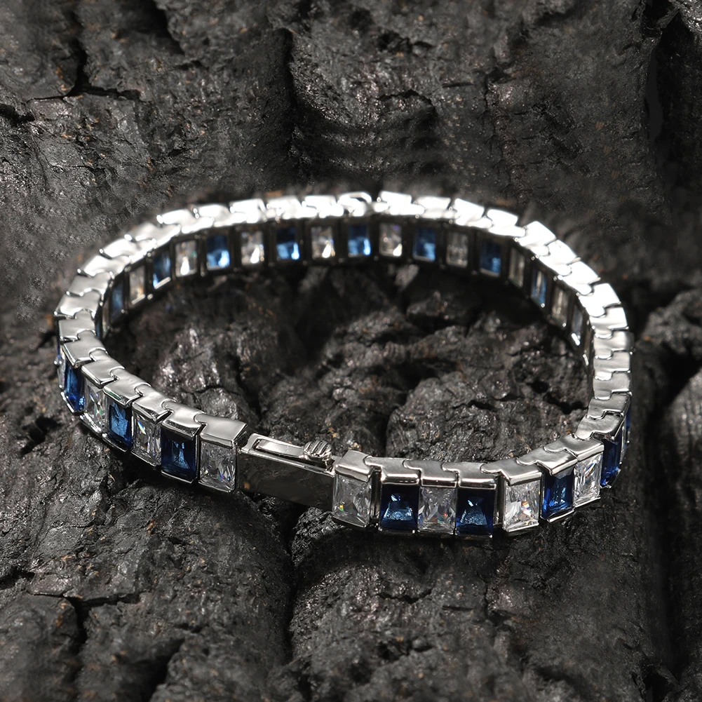 THE BLING KING 8mm Baguettecz Bracelet Mix Blue White Stones Spring Clasp Bracelet Iced Out Cubic Zirconia Luxury Jewelry