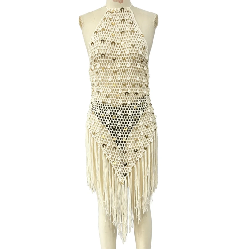 Women's Sexy Halter Backless Lace-Up Long Fringe Beach Sequined Knit Dress Boho Crochet Swimsuit Female Swimwear for Summer