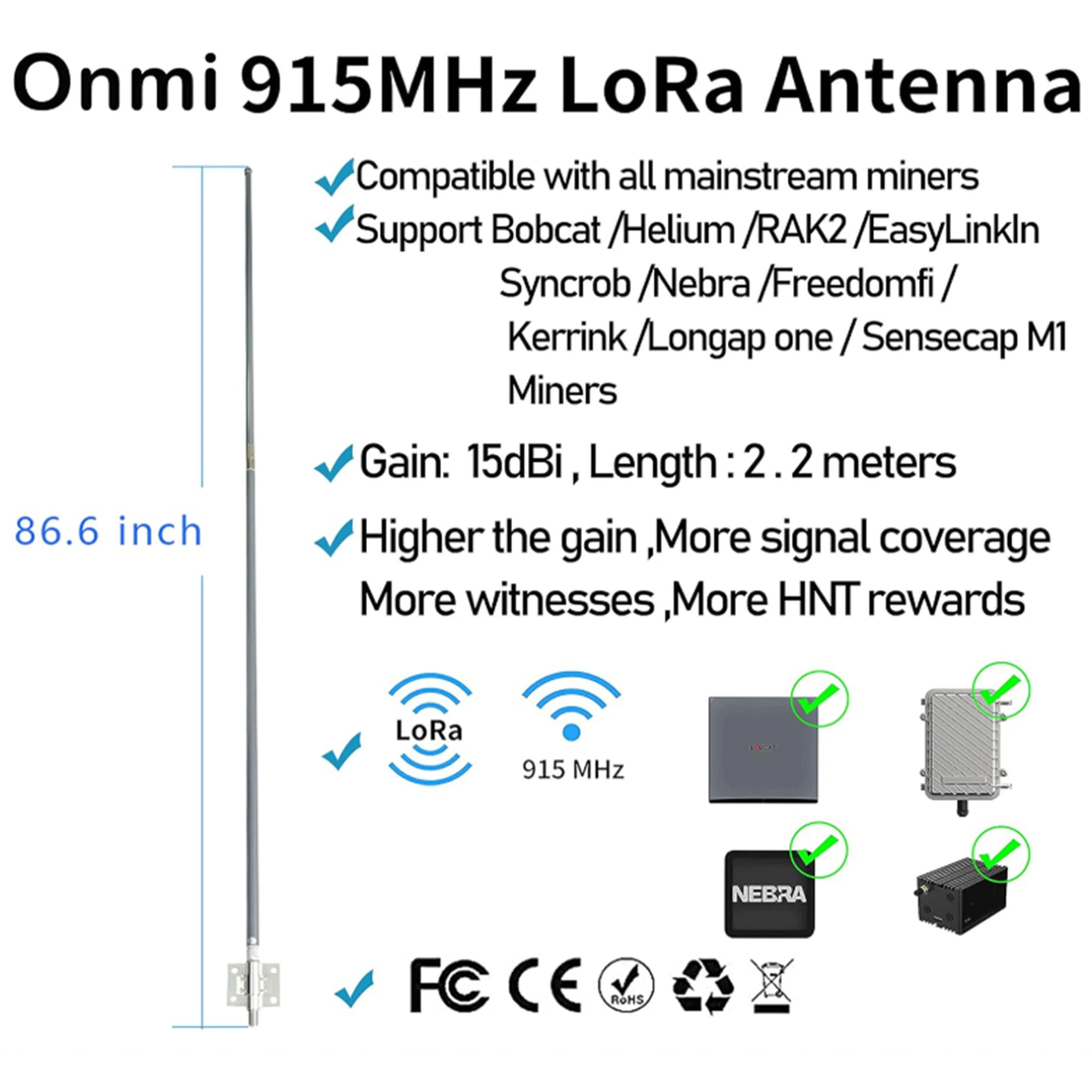 Outdoor Rooftop 2.2m LoRaWAN 868MHz 15dBi Omni-Directional Antenna with Glass Fiber Radome for HNT Mining