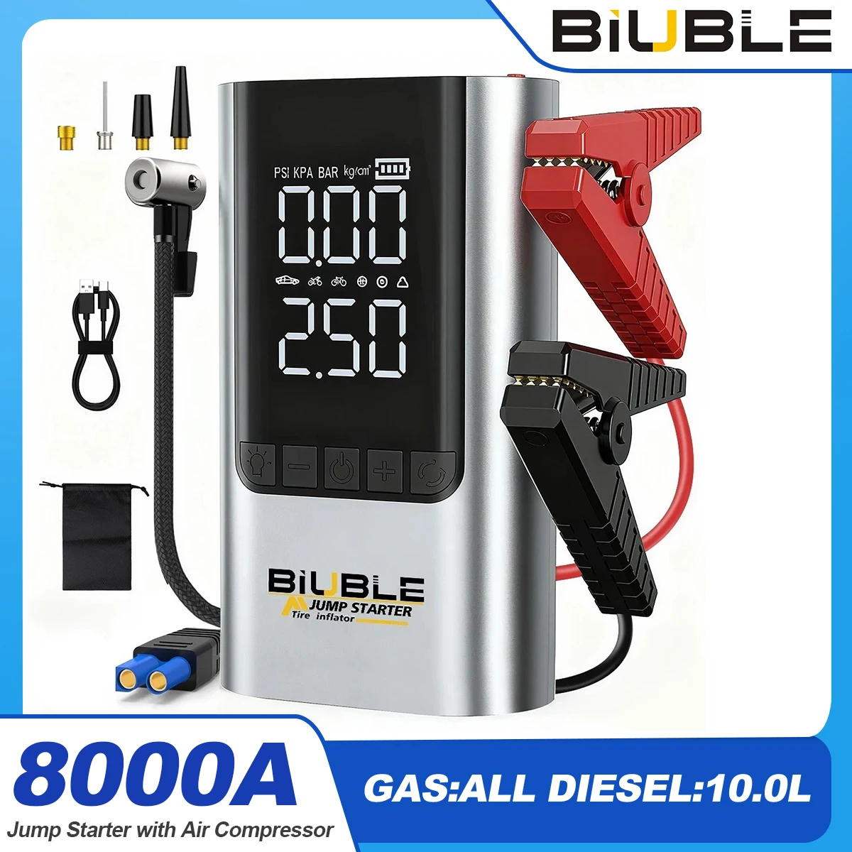 【BIUBLE】Avviatore di emergenza per auto 8000A con compressore d'aria 150PSI, booster portatile 12V, power bank 16000mAh, luce LED, protezione intelligente a 6 livelli per veicoli a benzina e diesel
