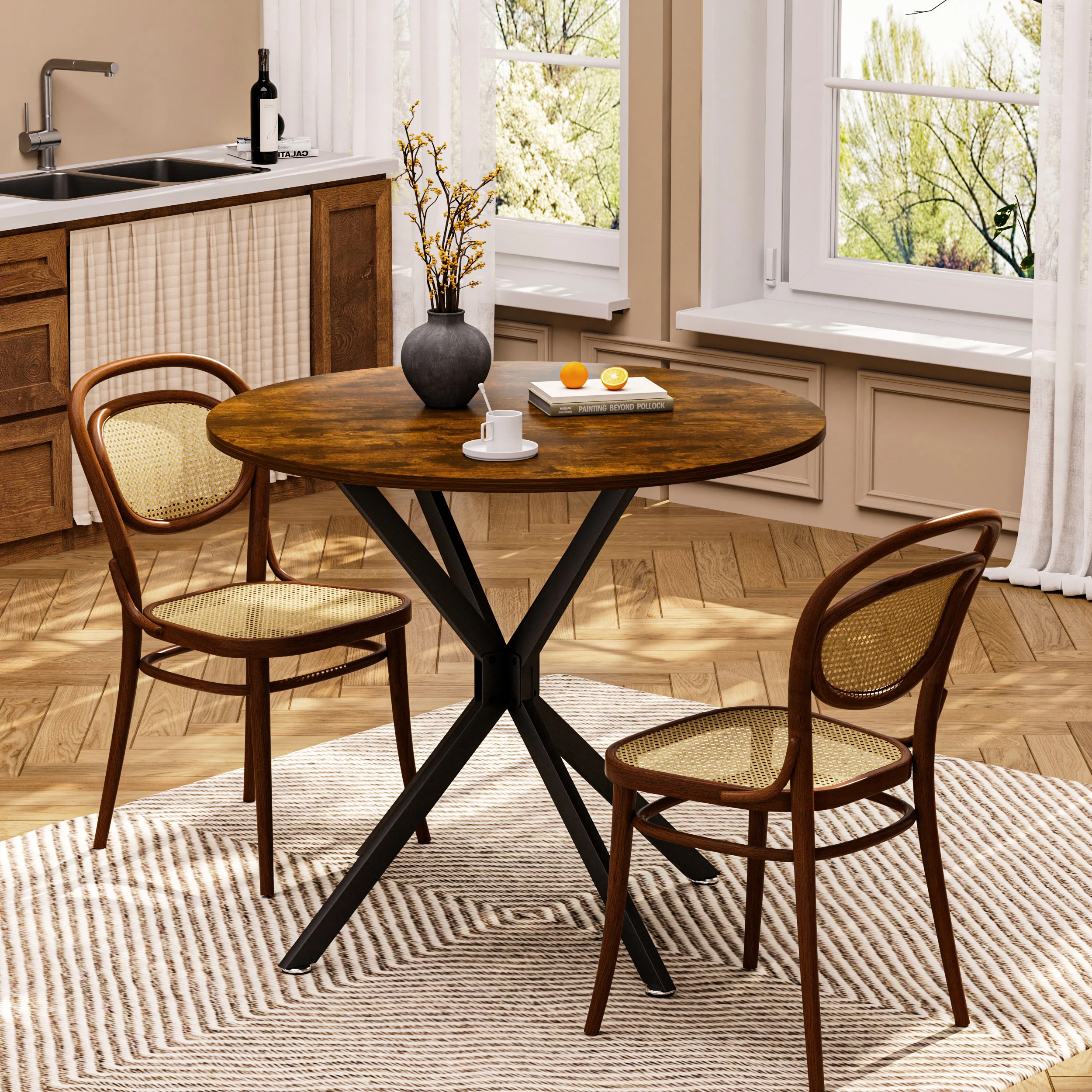 Juego de mesa y sillas de comedor redondas, mesa de comedor multifuncional de estilo industrial con base cruzada de metal negro, para 1-4 personas, muebles para el hogar, para comedor, sala de estar y apartamentos pequeños