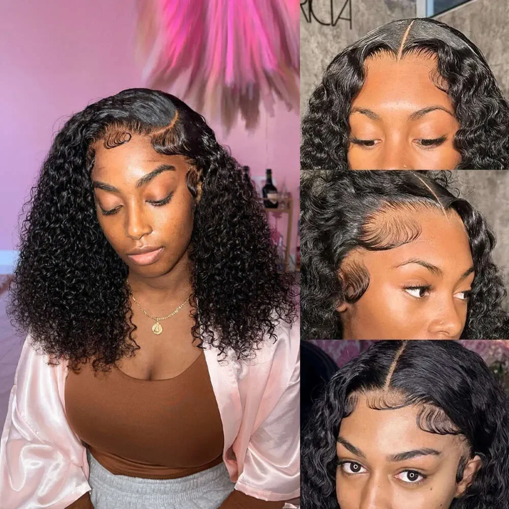 Wig Bob Pendek dengan Kepadatan 200% Rambut Manusia Keriting Wig Renda Depan Gelombang Dalam Rambut Remy Brasil 13X4 Frontal Pra Dipetik Simpul Dikelantang