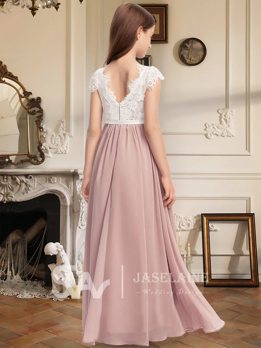 ชุดเพื่อนเจ้าสาวเด็ก B Kids Charming Junior ยาวกรอมเท้า ผ้าลูกไม้ แขนสั้น ผ้าชีฟอง ผ้าซาติน ทรงเอ แต่งดอกไม้ พร้อมโบว์ สีไอวอรี่