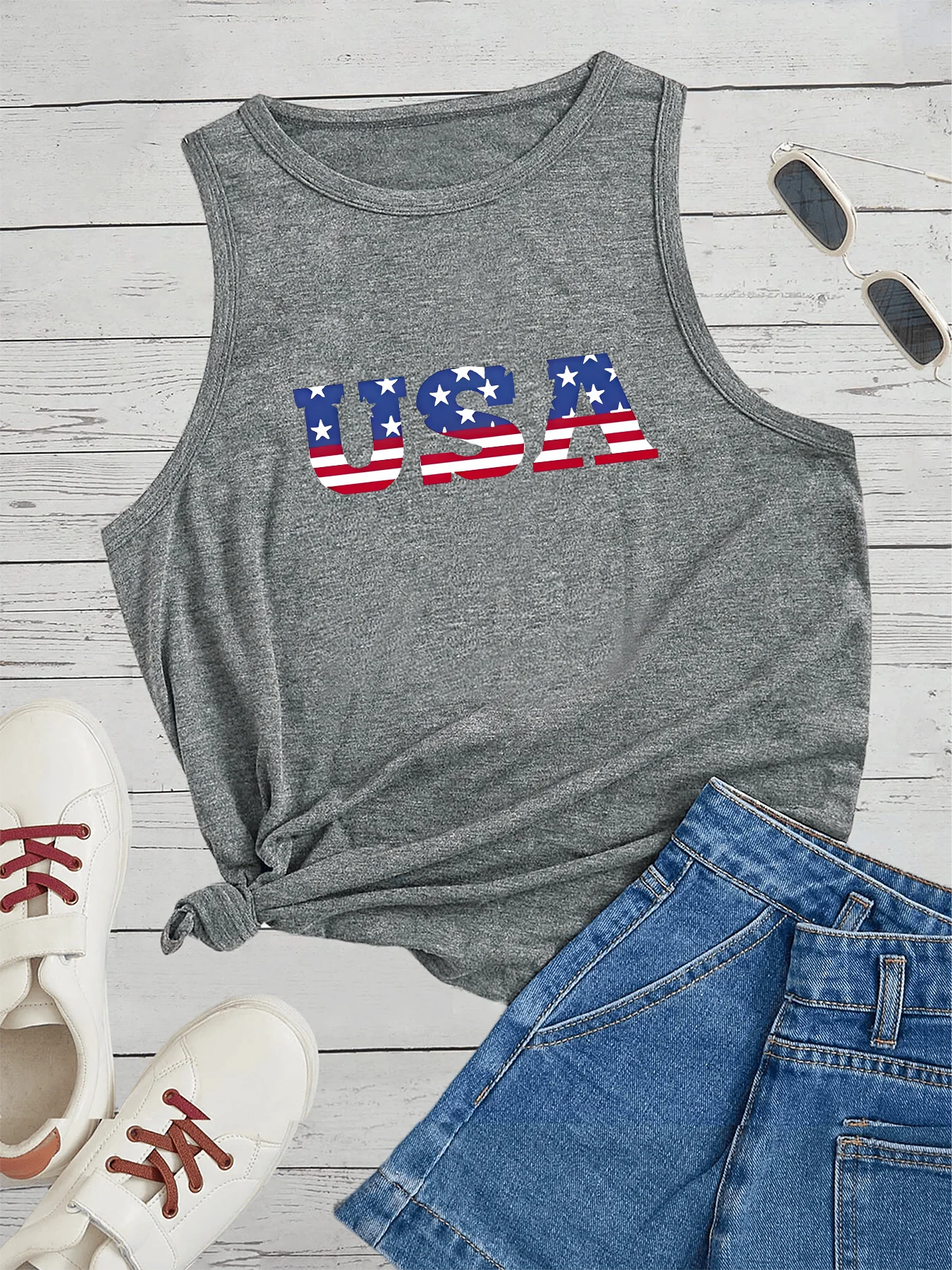 USA  American Flag Letters Print Fashion Funny Sports Women's Tank Top Loose O Neck Sleeveless Casual Tank