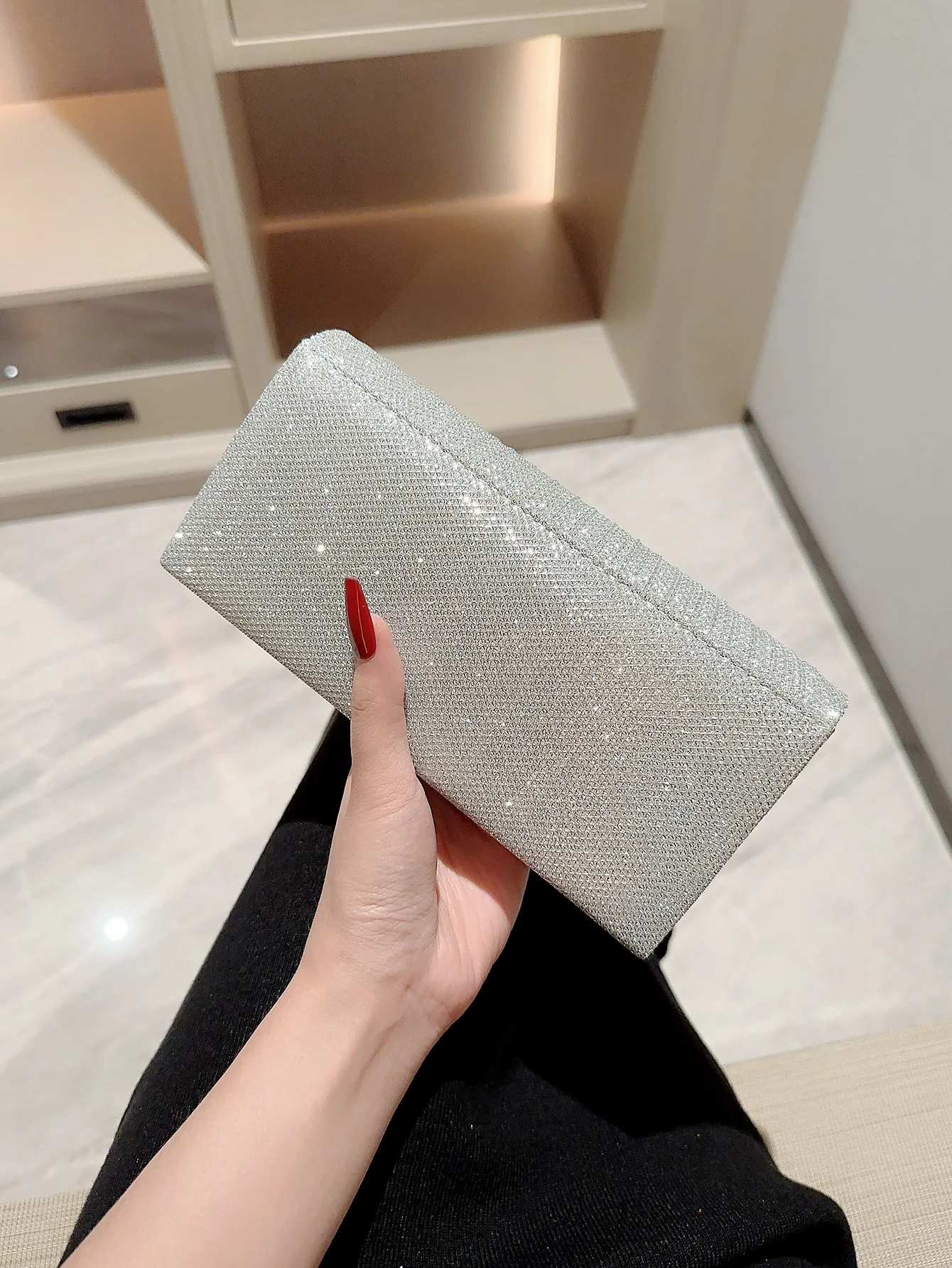 Women Lady Female Silver Evening Dinner Clutch Shimmering Elegant Bag Shoulderbag Handbag Glitter Purse Party Coctail Wedding