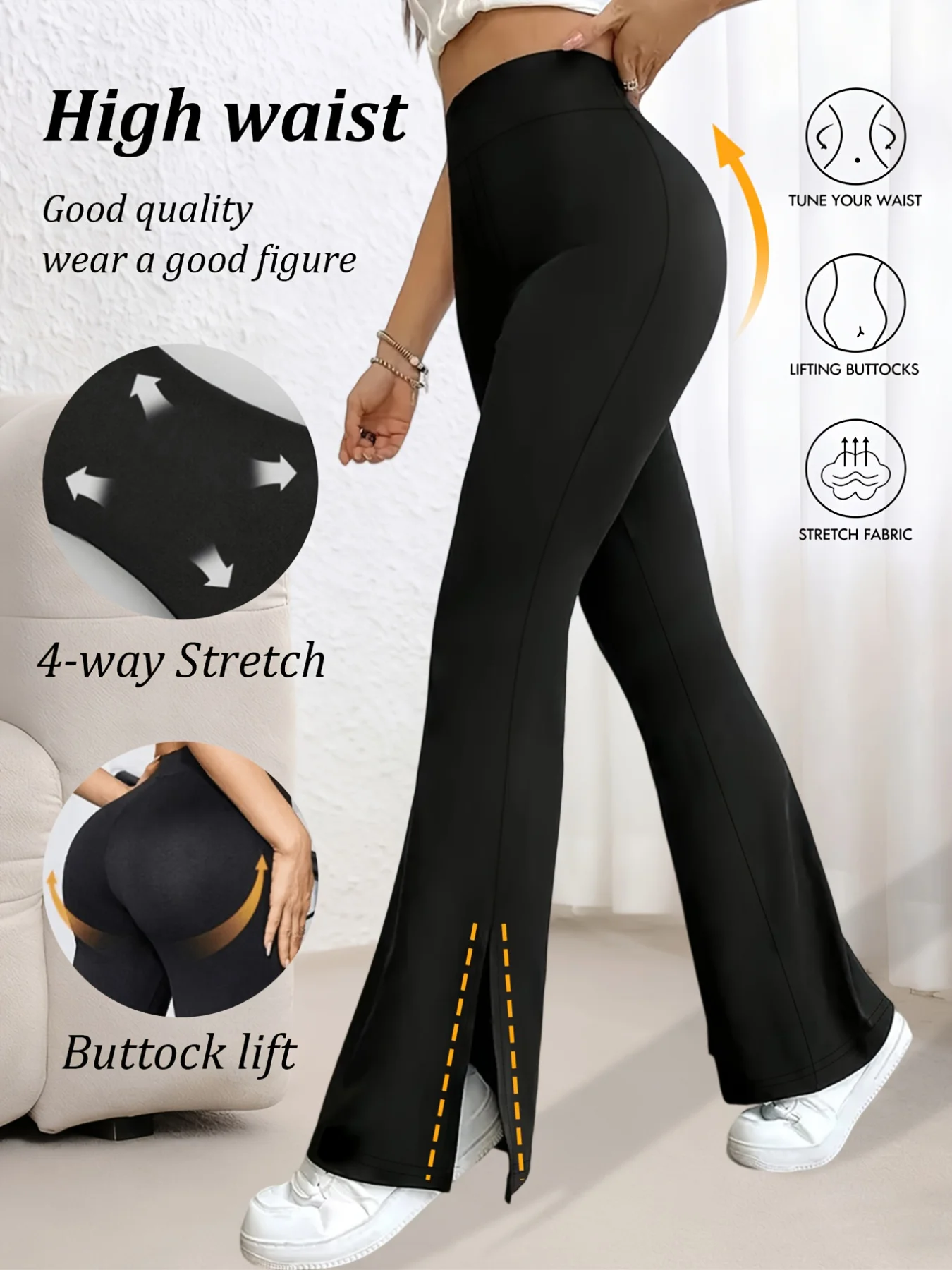 A Pair Of Women's Leggings, Thin For Summer, With Split Hem Design And High Waist Elasticity, Suitable For Sports Yoga