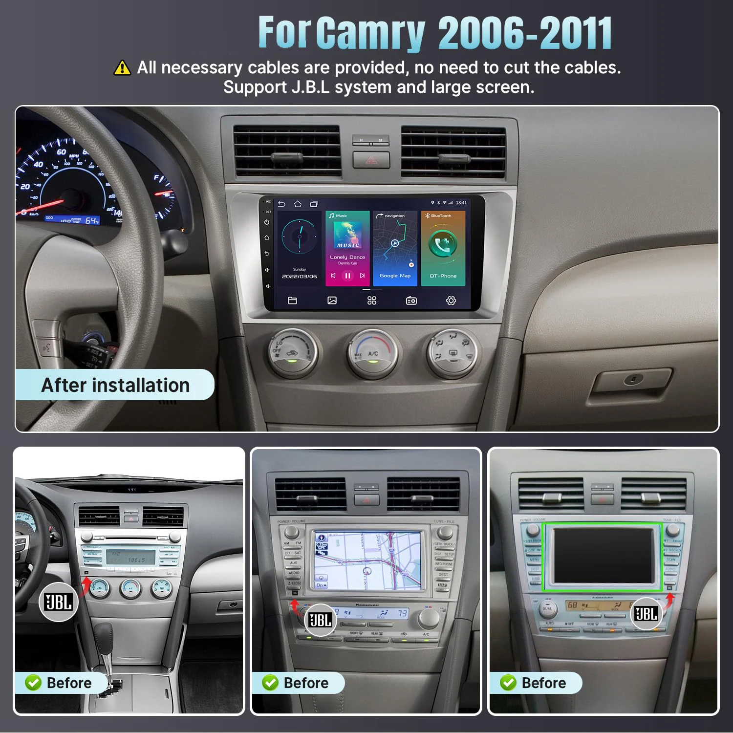 ستيريو سيارة أندرويد لتويوتا كامري 2006 2007 2008 2009 2010 2011 ، 9 بوصة IPS HD شاشة تعمل باللمس راديو السيارة لتويوتا كامري Wireles #2