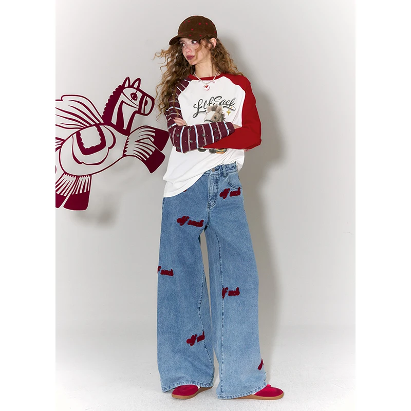 ELFSACK Whimsical Doll Pony Print Color-Blocking Raglan Long Sleeve T-Shirt For Women