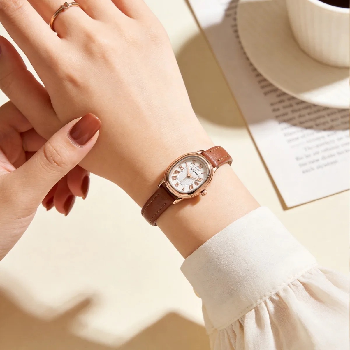KAIRIS Women's Rose Gold Quartz Watch Oval Dial Brown Leather Strap Roman Numeral Elegant Fashion Wristwatch for Ladies