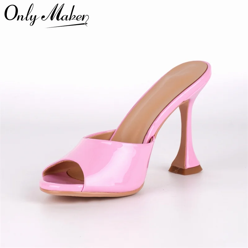 

Onlymaker Women Pink patent leather Peep Toe Mules Open Toe 10CM Heeld Slip On Sandals