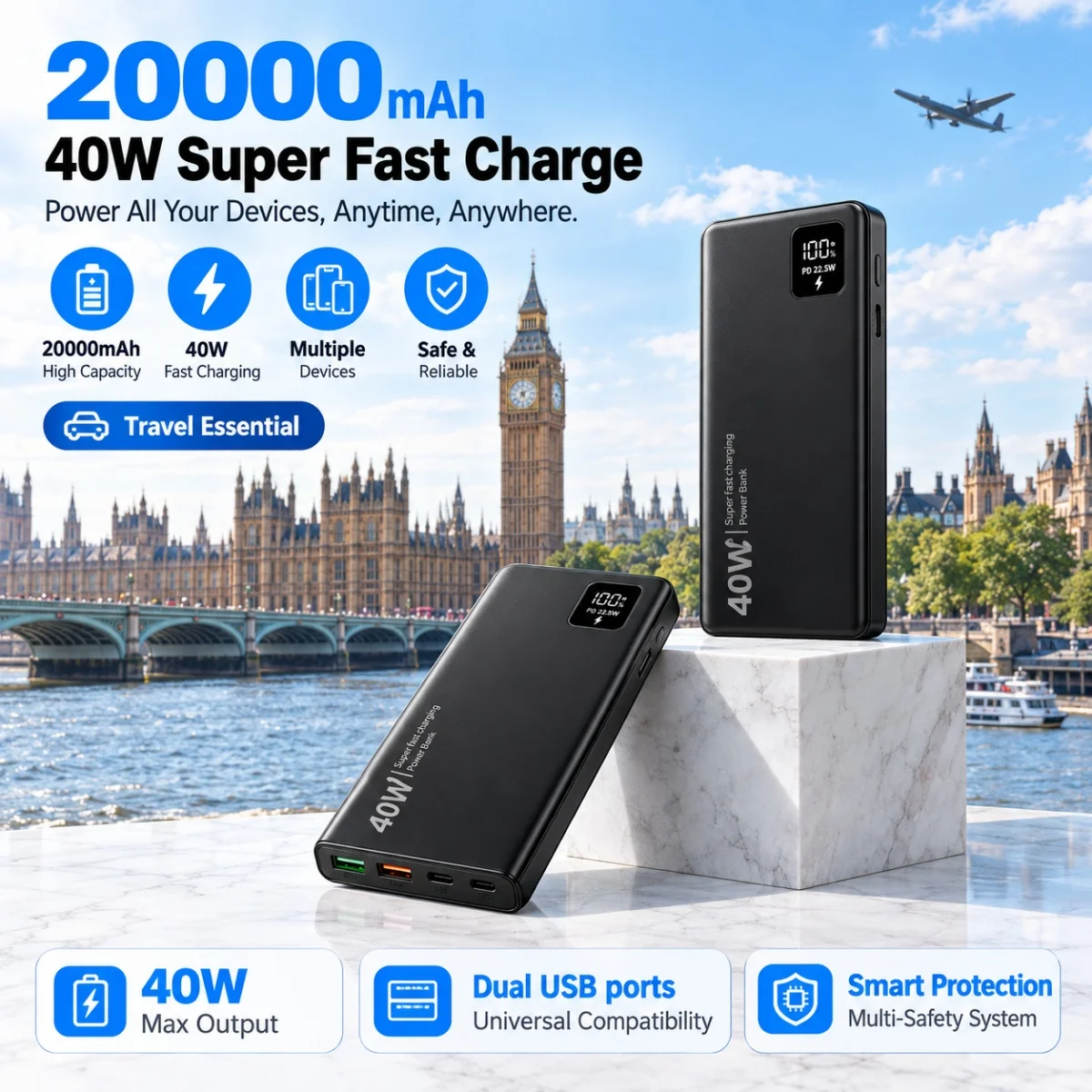 Power bank o pojemności 20000 mAh, szybkie ładowanie 40 W, przenośna ładowarka o dużej pojemności, kompatybilna z urządzeniami iPhone, Samsung, Huawei i Android.