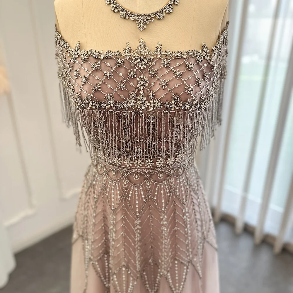 Sharon Said Luxuriöses Abendkleid in Hellrosa, schulterfrei, mit Quasten, Perlen und Kristall-Choker, für formelle Anlässe und Partys, SS061, maßgeschneidert – Detail 7