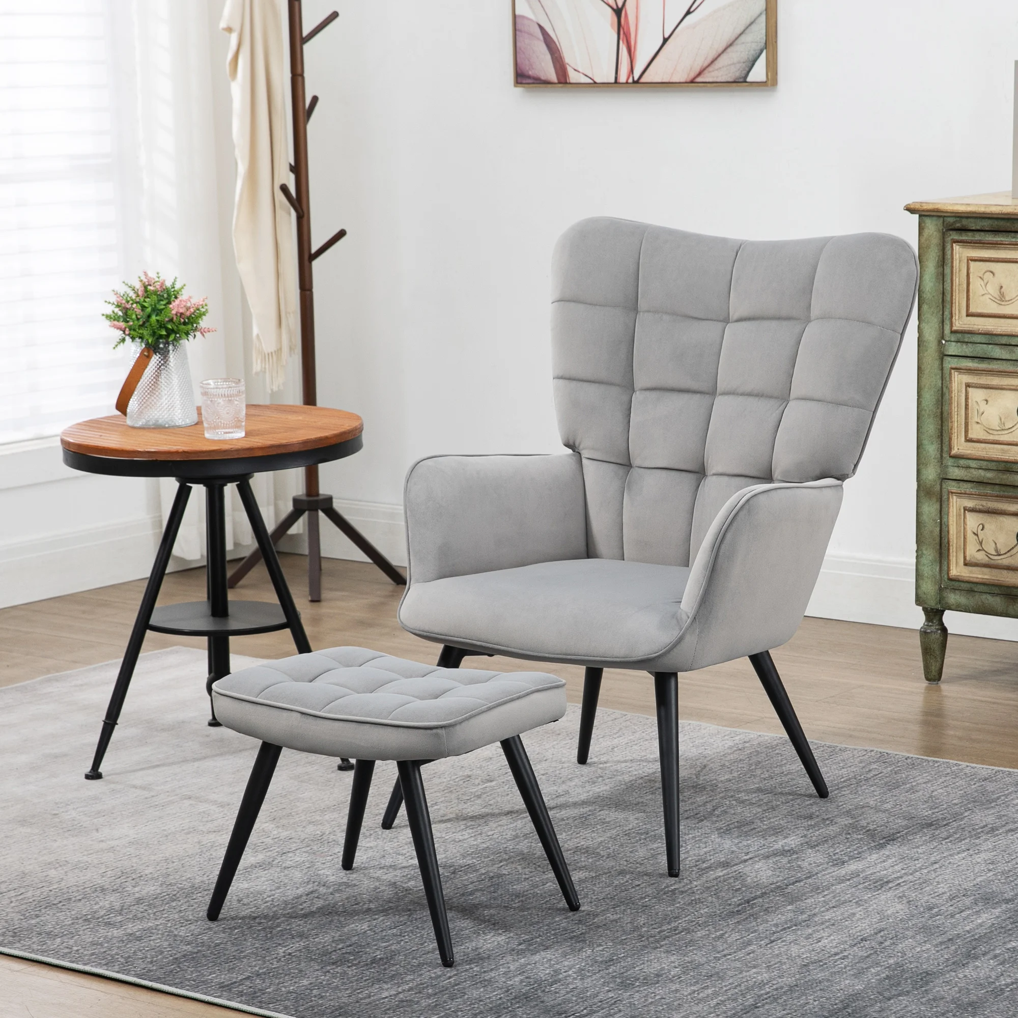 Fauteuil d'appoint en velours avec pouf, fauteuil de relaxation individuel matelassé à motif quadrillé avec pieds en métal, pour salon, chambre, balcon, mobilier de maison