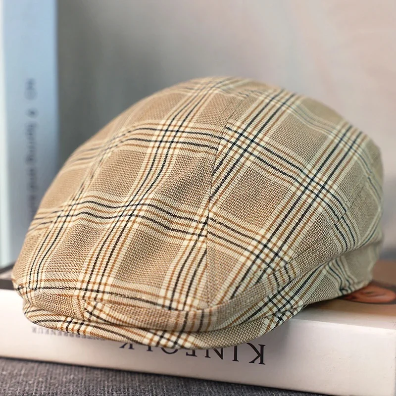 Wiosna Lato Lniana Czapka Newsboy Nowa Beżowa Krata Oddychający Beret Męski Damski Literacki Retro Kapelusz Anglia Kapelusze Męskie A-36 — zdjęcie 2