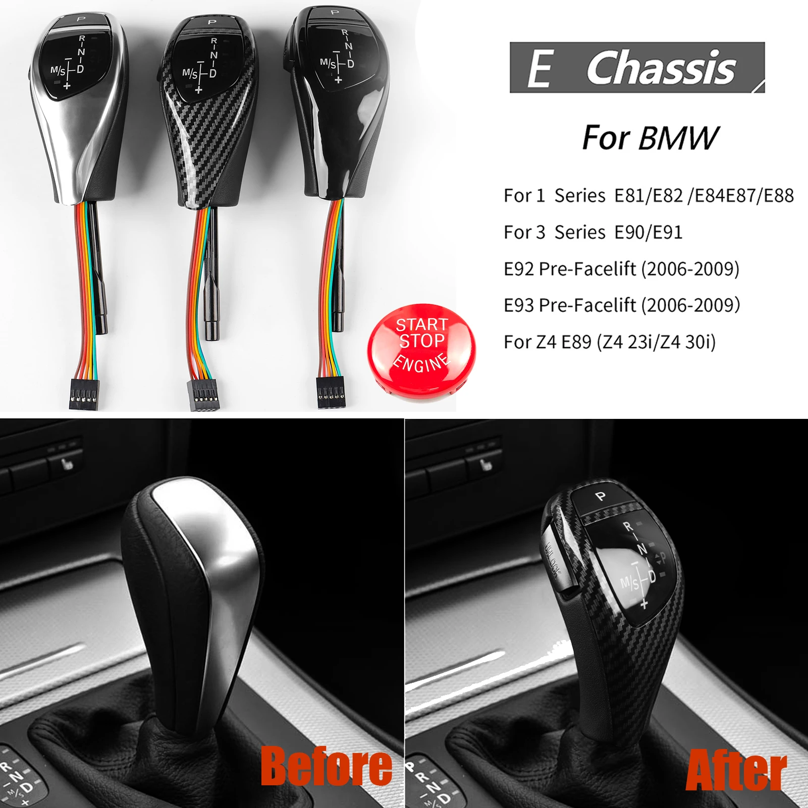 LHD Automatic Gear Shift Knob Shifter For BMW E-Chassis 1/3 Series E81/E82/E84/E87/E88/Z4/E89/E90/E91/E92/E93 Pre-facelift 06-09