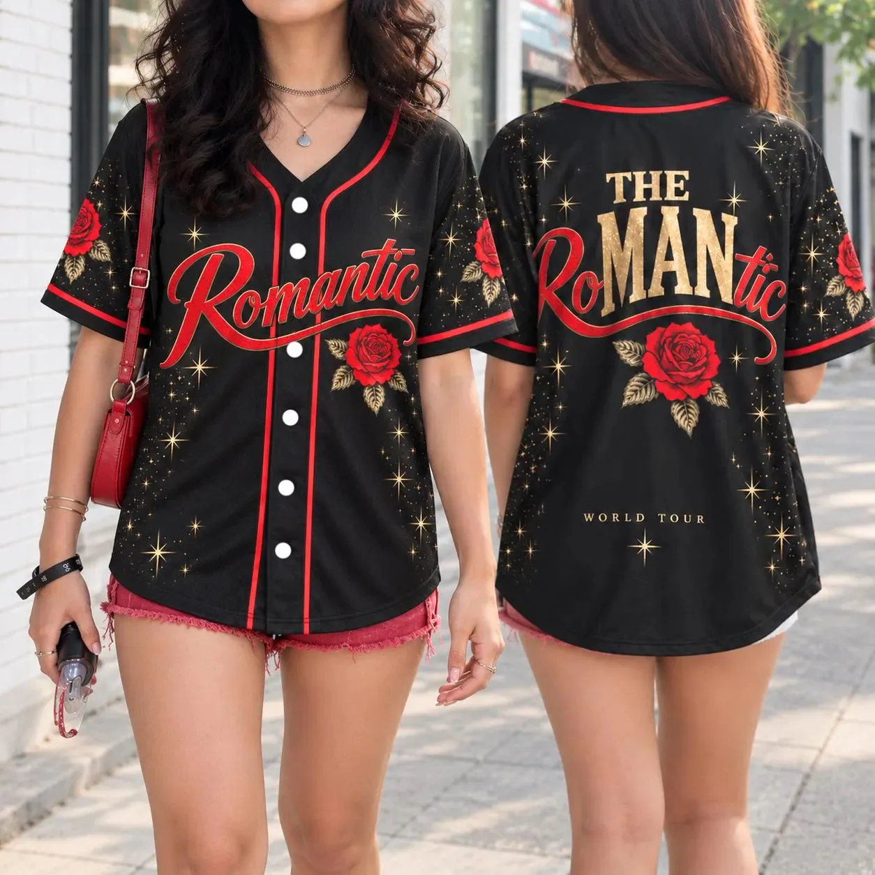 Bruno Mars The Romantic World Tour Baseball Jersey Rose Star Print Unisex Button-Up Short Sleeve Shirt Concert Fan Women Top