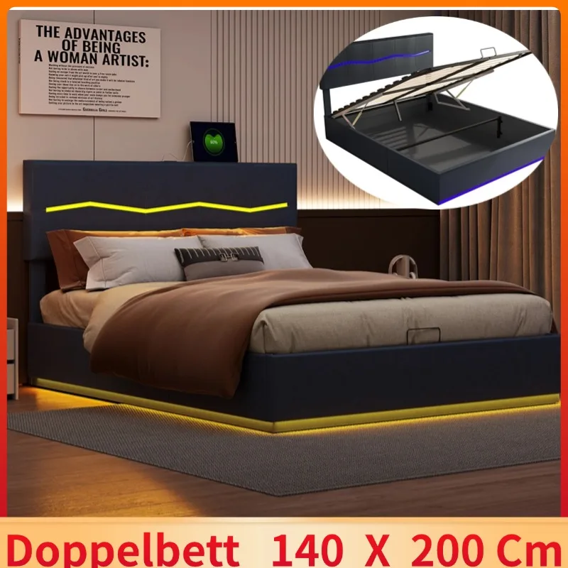 Double bed Padded lifting storage bed with LED and USB ports Leather material - 140x200 cm - black - without mattress