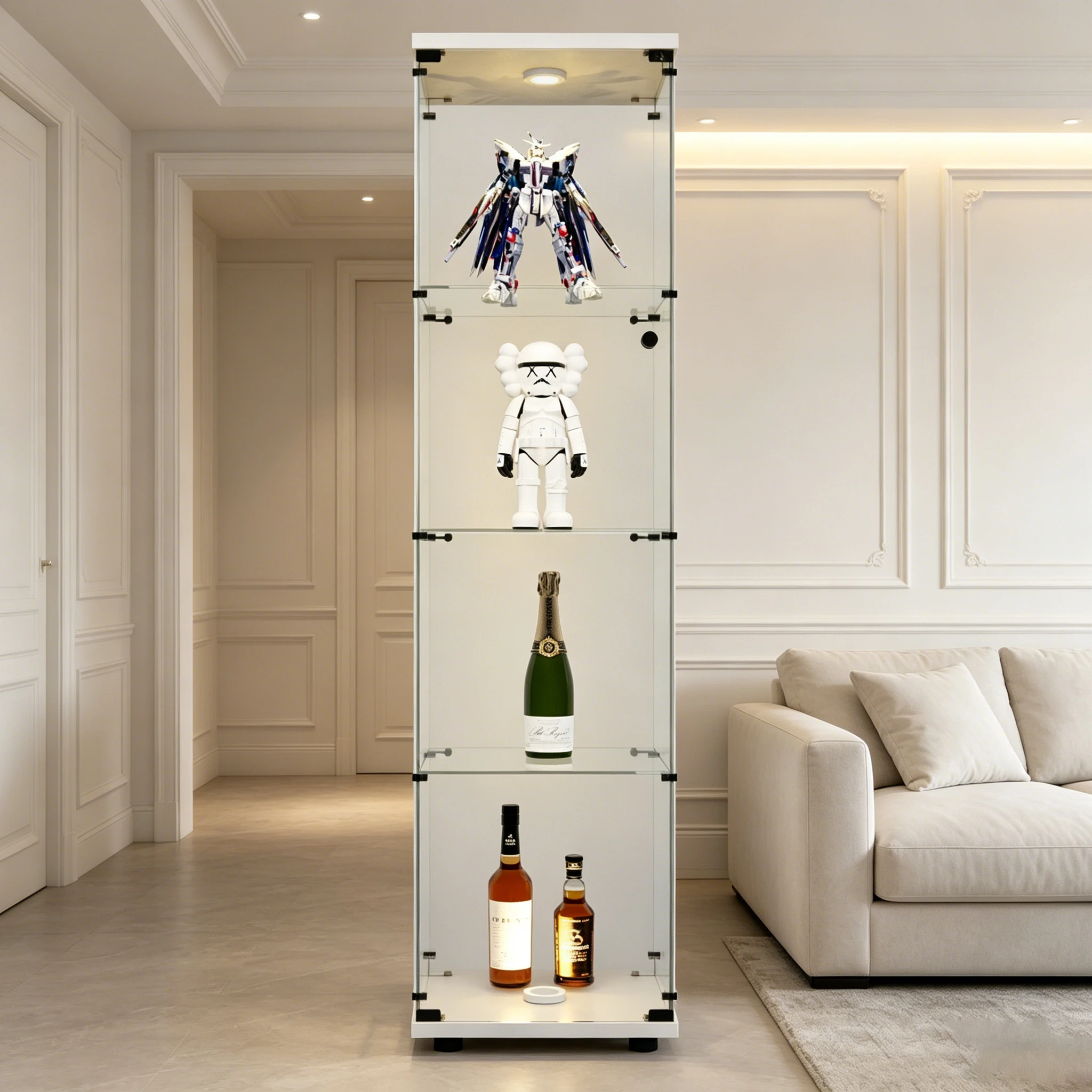 Vitrine en verre à 4 niveaux Anajqaqia, vitrine verticale verrouillable anti-poussière avec panneaux en verre trempé, étagère de rangement autoportante pour figurines, bouteilles de vin, décoration de salon