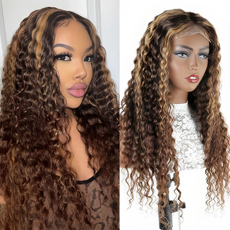 

13x6 Glueless Highlight Lace Frontal Wig Deep Curly Human Hair Wigs Colored Transparent Water Wave Honey Blonde Lace Front Wig