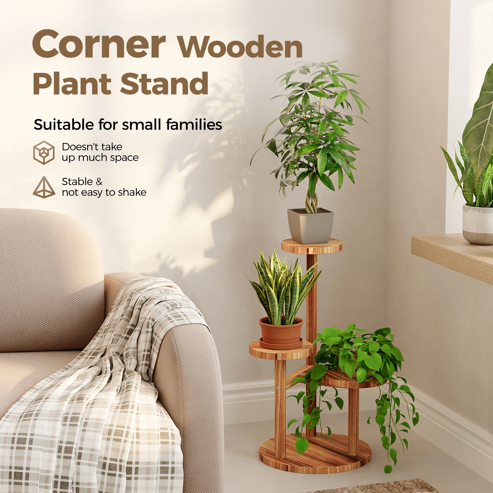 حامل نباتات خشبي من 3 طبقات من بامورلد، رف زاوية طويل داخلي وخارجي للنباتات المتعددة، حامل زهور مستدير مثالي للحديقة #4