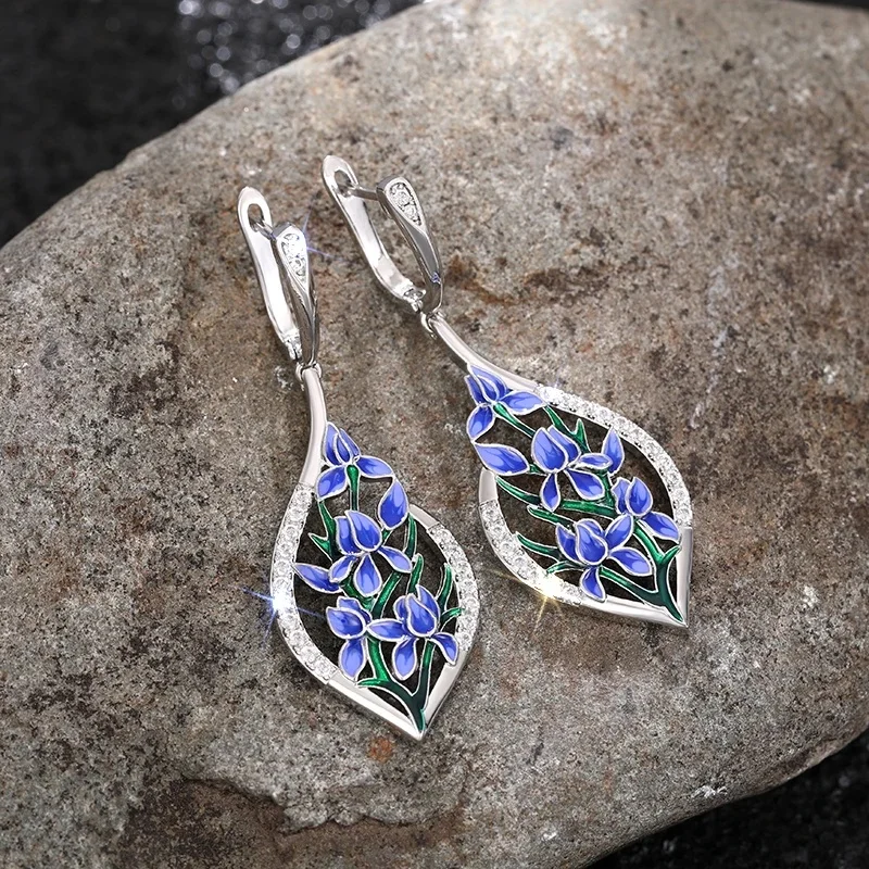 Huitan Romantische Orchideebloem Dangle Oorbellen voor Vrouwen Nieuw Ontworpen Blauwe Bloemen Esthetische Vrouwelijke Accessoires Bruiloft Sieraden - afbeelding 2