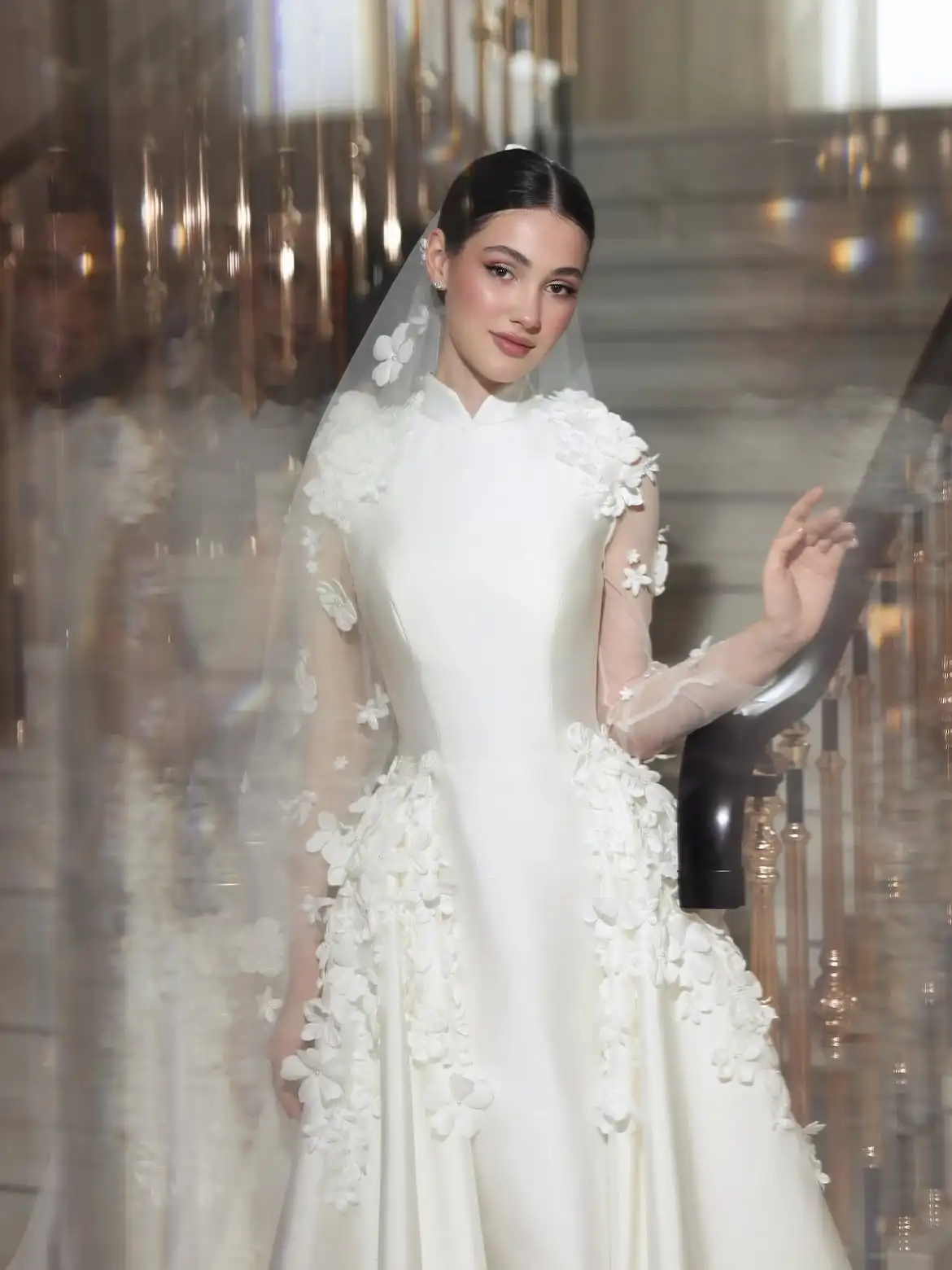 LumiGown 2026 New Chinese High Neck Satin Wedding Dress 3D Floral Mermaid Bridal Gown With Detachable Overskirt Long Train Veil