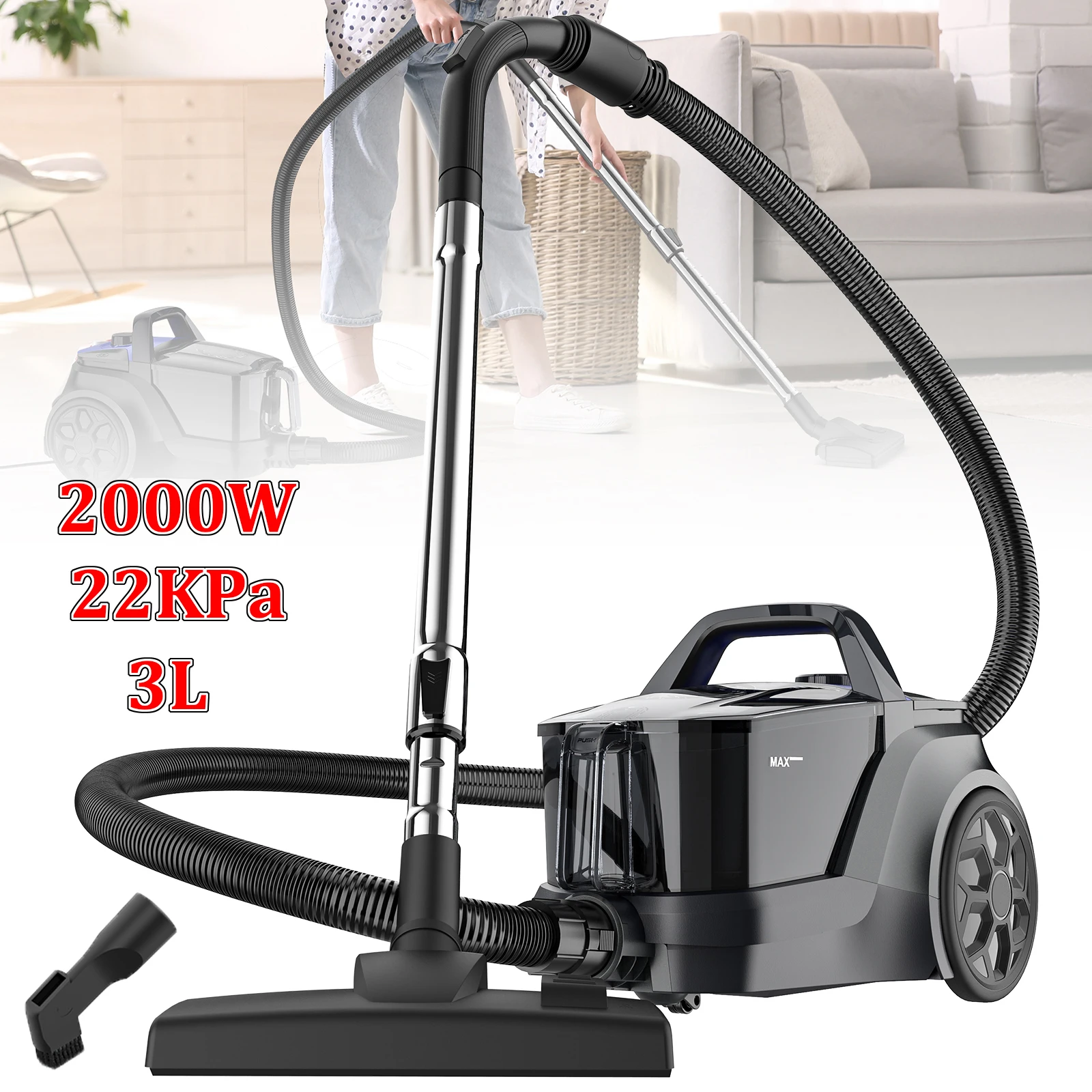 22KPa Multizyklonischer Staubsauger 3L 2000W Beutelloser Bodenstaubsauger Reinigungsgerät für Hartböden Teppiche Tierhaare