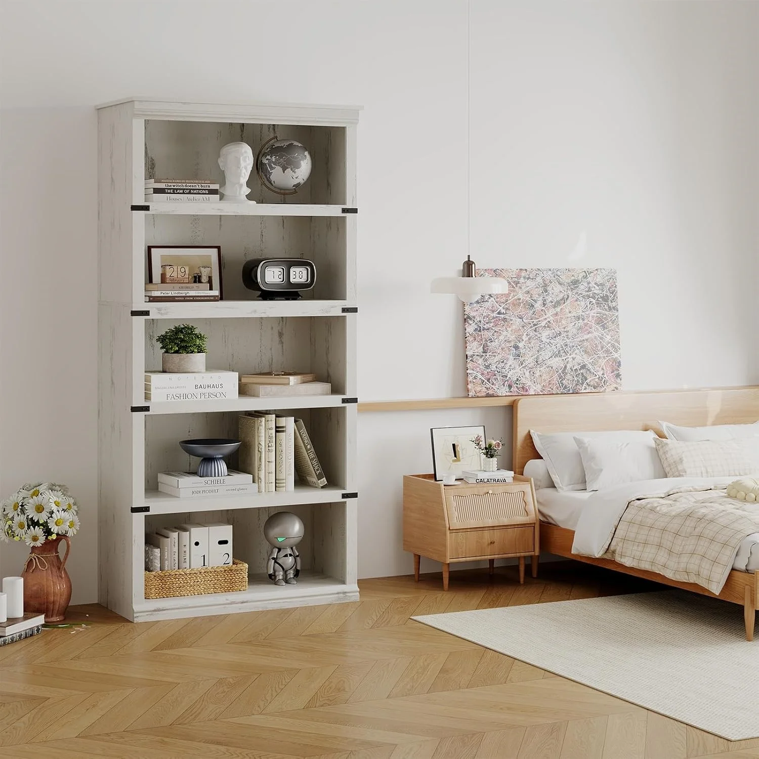 Rustikales Bauernhaus-Bücherregal, 5 Ebenen, hohes Bücherregal im Bauernhausstil, freistehendes Display- und Aufbewahrungsregal, modernes breites Bücherregal ideal für Heimbüro, Wohnzimmer und