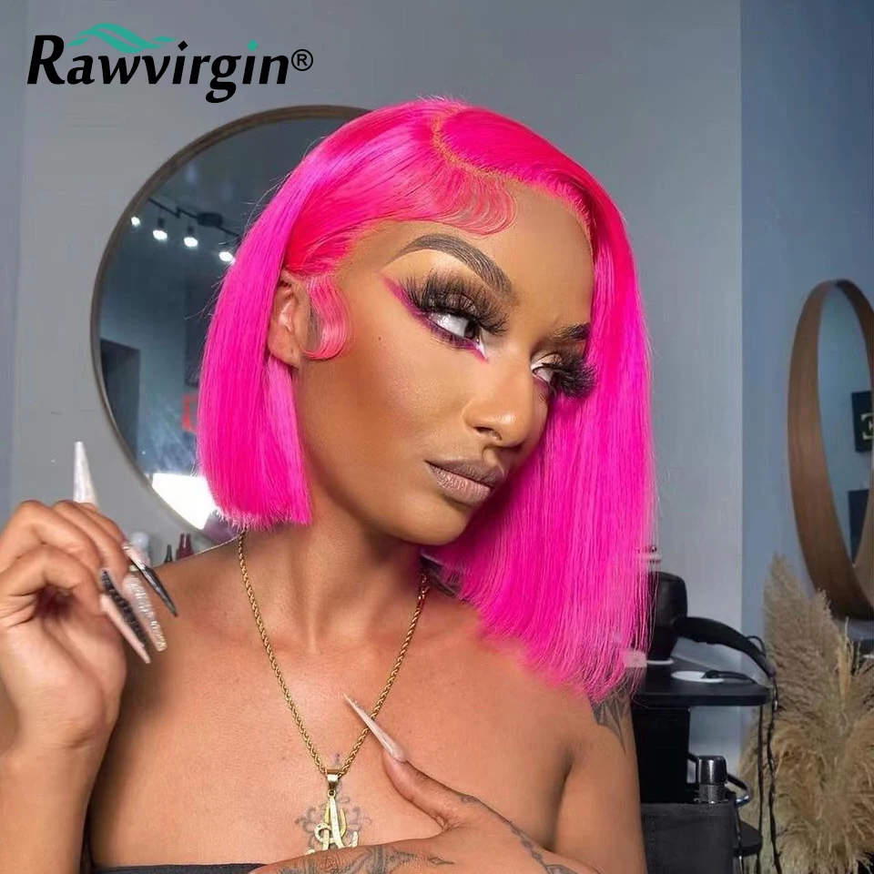 200% 13x4 Hot Pink Short Bob Wig Raw Lace Front Human Hair Wigs 613 Colored Virgin Human Hair Silky Straight Transparent Lace