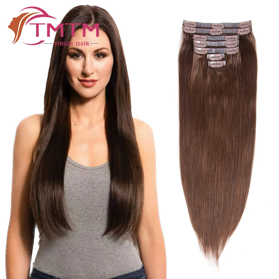 Extensiones de cabello humano de PU marrón oscuro, pelo liso sin costuras de doble trama de piel, pelo grueso y sedoso de Europa, 12 tonos