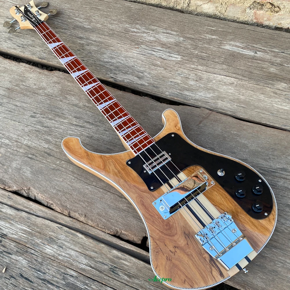 Maple+Rosewood Neck Thru Body Electric Bass Guitar, Adjustable Bridge, Spalted Maple, Checkerboard Binding, Black Pickguard Bass