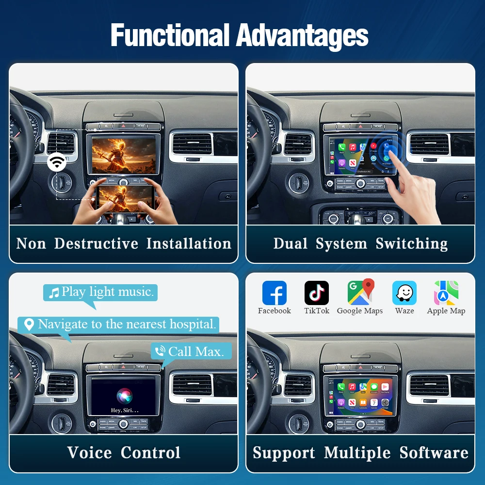 Décodeur CarPlay sans fil AUTOTOP pour VW Volkswagen Touareg 2010-2017 RNS850, interface multimédia Android Auto avec musique Bluetooth, assistant vocal Siri Google et navigation GPS, doté de commande vocale, d'appels mains libres, de cartes en ligne et de reconnexion automatique au téléphone.