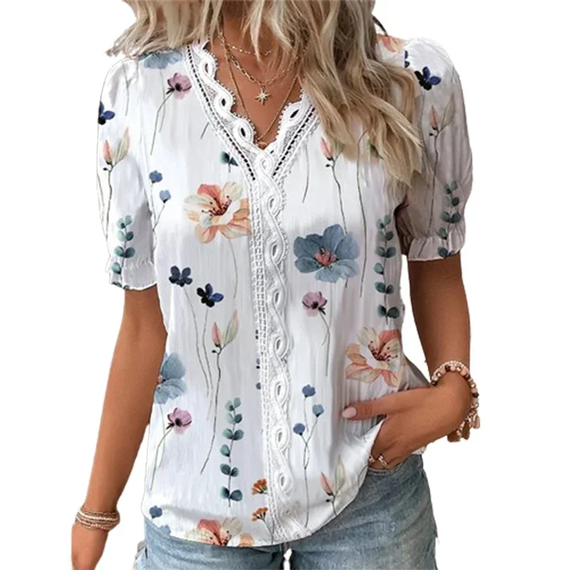 Frauen V-Ausschnitt Spleiß Spitze Dekoration Pullover Shirt elegante botanische Blumen druckt