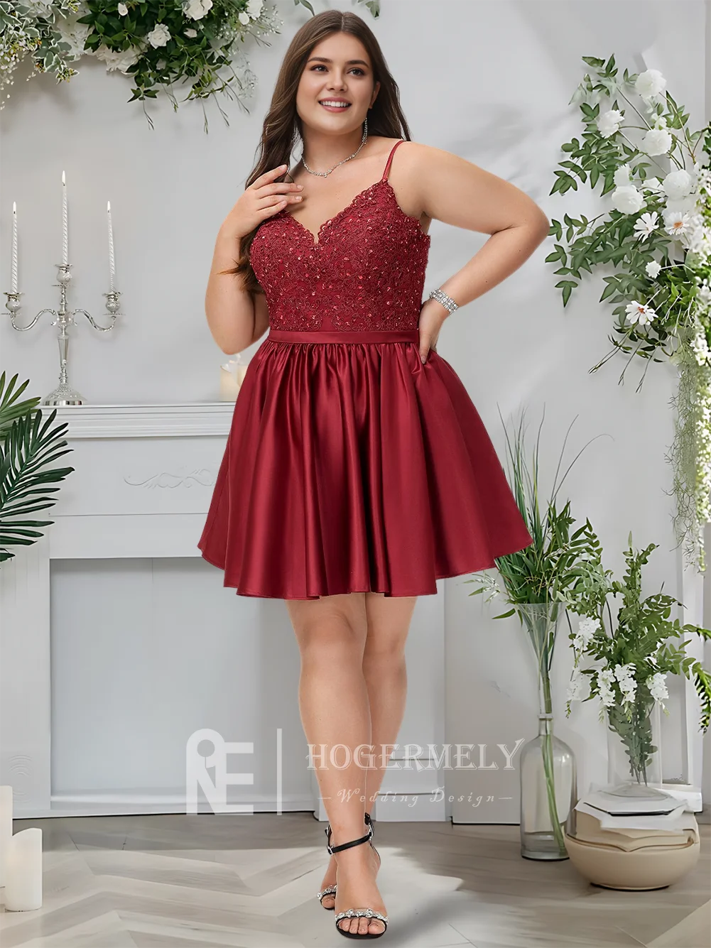 

A Summer Burgundy A-Line V-Neck Short Lace Satin Homecoming Dress With Beading Cocktail Graduation Prom Dress Wedding Party​