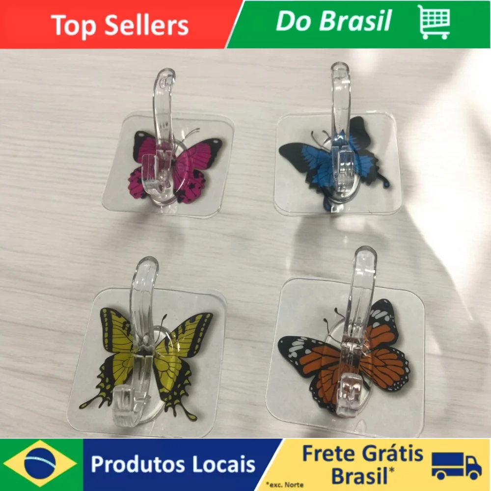 Conjunto de 4 Ganchos Adesivos Borboletas Coloridas para Parede Autocolante Instalaçao Facil Resistente a Agua