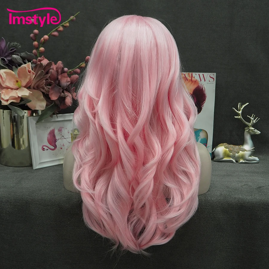 Imstyle Pink Lace Wig Synthetic Lace Front Wig Heat Resistant Fiber Natural Wavy Wigs For Cosplay Wigs Women Wig