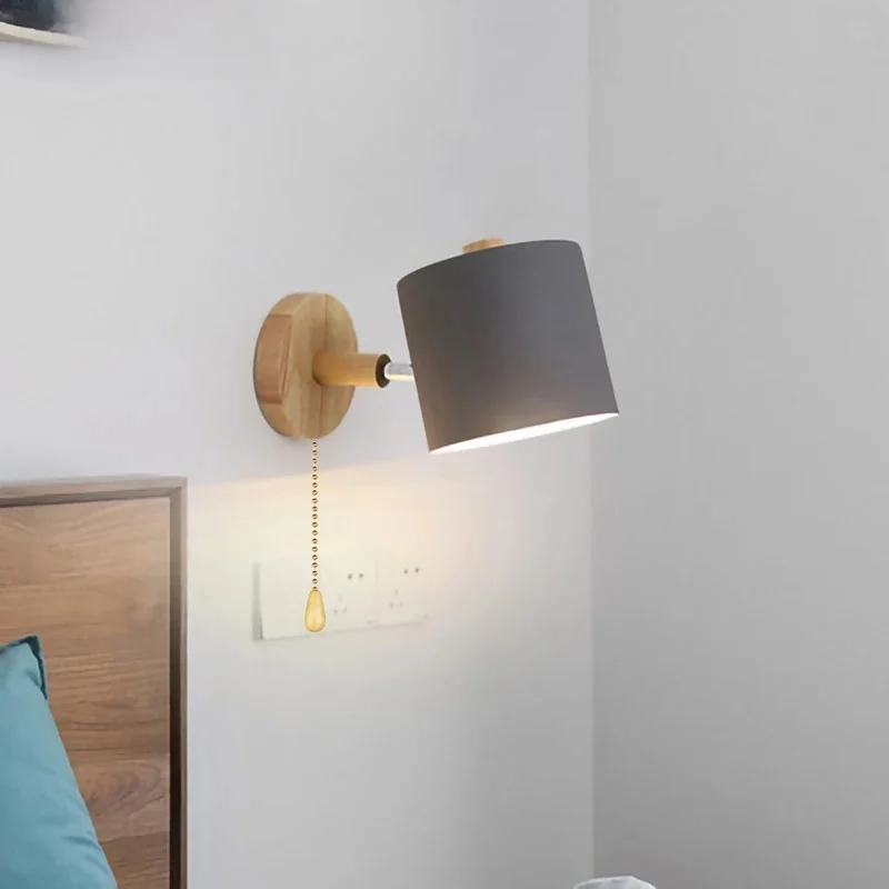 Applique murale LED E27 moderne nordique avec interrupteur et prise EU/US, luminaires en bois réglables pour décoration intérieure, chambre à coucher, chevet