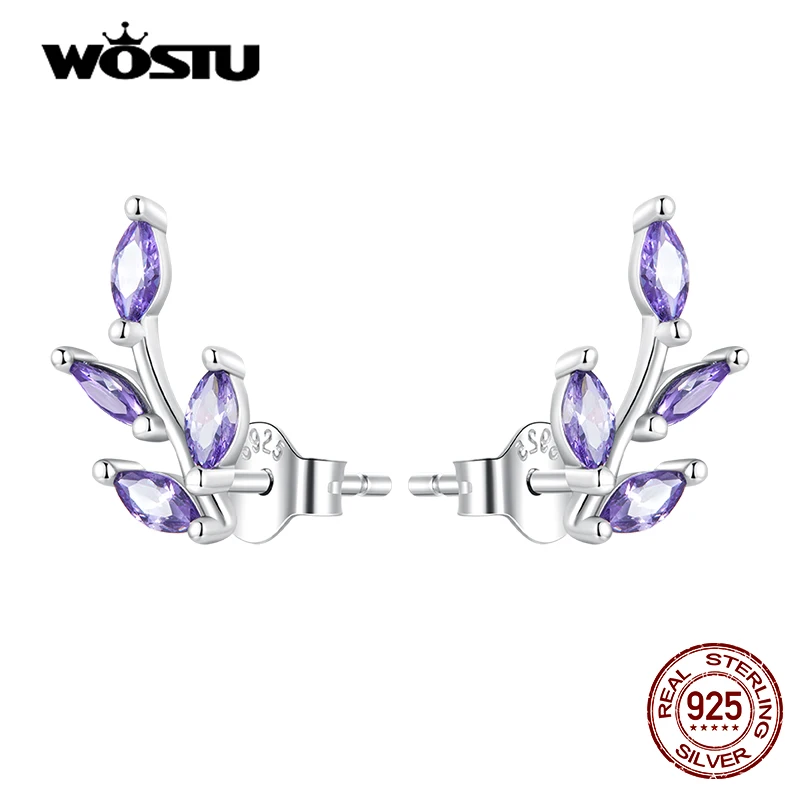 WOSTU 100% 925 Sterling Silver Purple Branch Leaf Stud Earrings for Women Trendy Shiny Zircon Plant Earrings Fine Jewelry Gifts