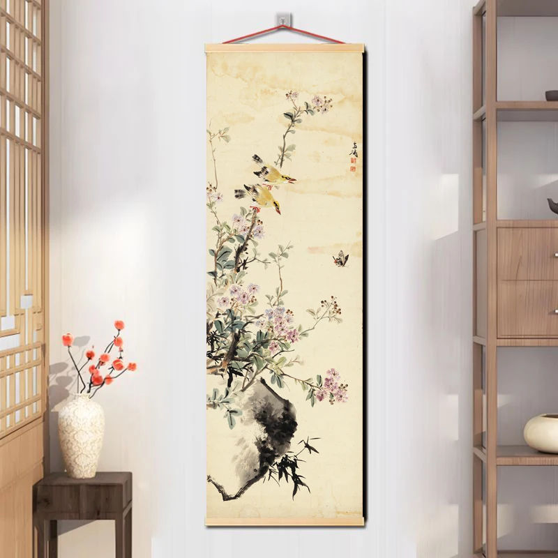 Chinese retro bird and flower paintings, cherry blossom and oriole bird hanging paintings