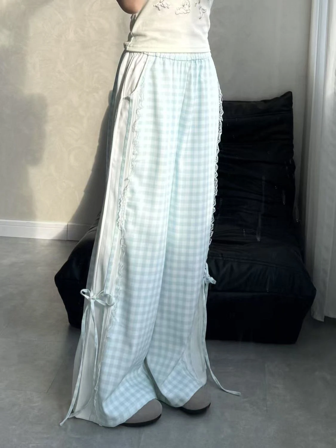Vintage Y2k Plaid Print Pants Women Side Tie-Up Loose Fit High Hollow out Waist Wide Leg Pants Fashion All-match Streetwear