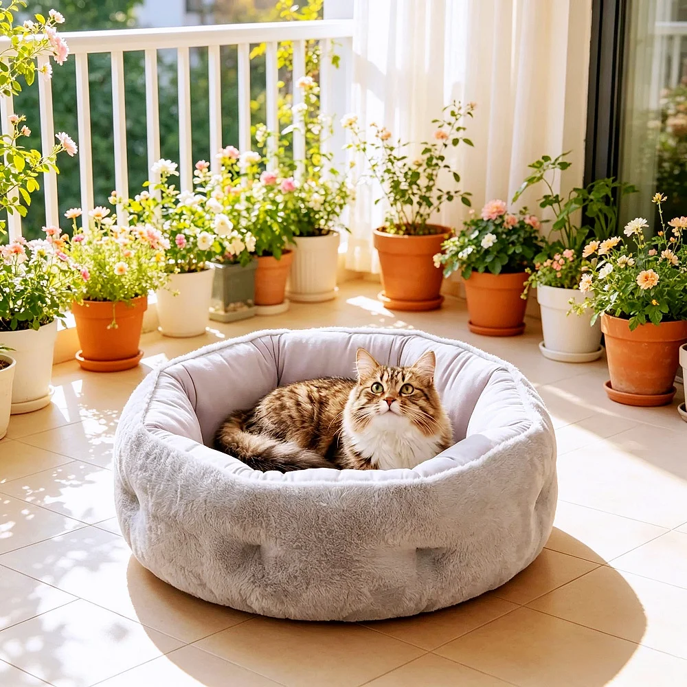 Kattenbed, wasbaar hondenbed, rond bed voor kleine katten, rond huisdierbed met steunranden, omkeerbaar binnenbed voor katten en honden, comfortabel nestbed