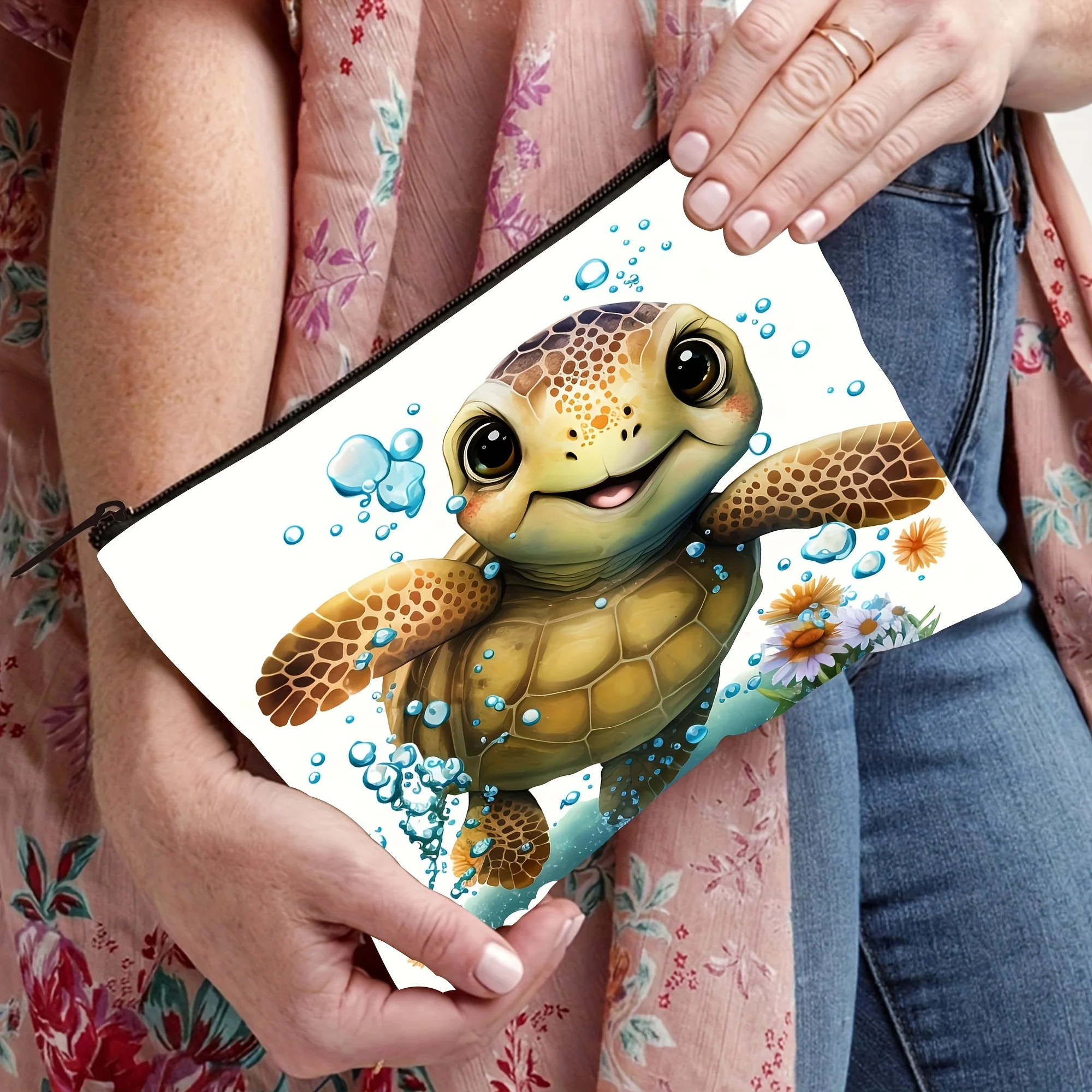 1Pc Ocean Turtle Retro Design Multifunctional Travel Makeup Bag, Snack Storage Bag, Stationery Storage Bag, Fashionable Toiletry Bag, Canvas Double-Sided Printed Zipper Pouch