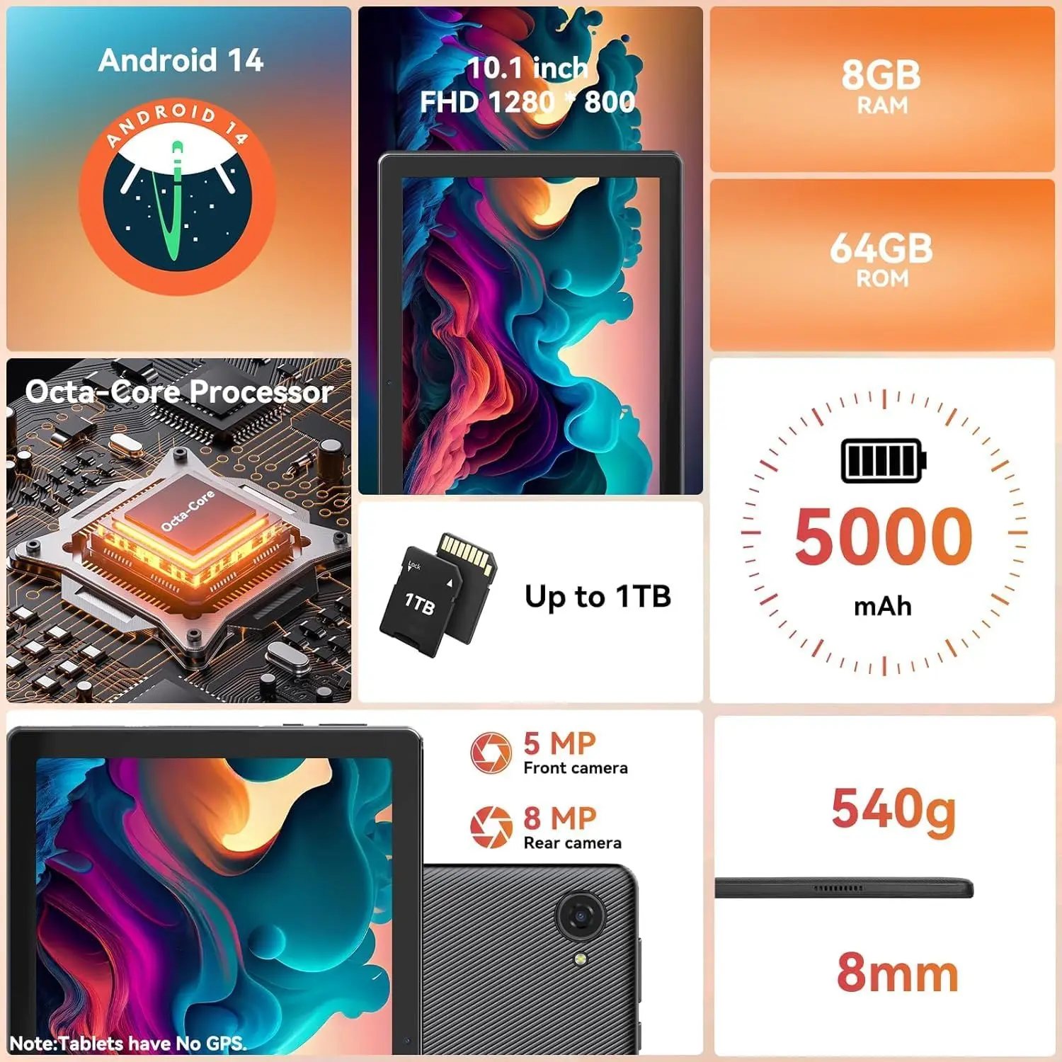 تابلت 10.1 بوصة يعمل بنظام أندرويد وذاكرة وصول عشوائي 8 جيجابايت وذاكرة قراءة فقط 64 جيجابايت معالج ثماني النواة عالي الدقة IPS شاشة لمس كاميرا مزدوجة بطارية 8 ساعات واي فاي 6 BT 5.0 PC PAD