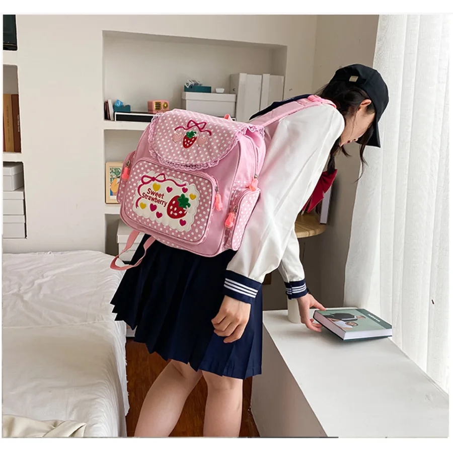 Pink Girl Embroidery Cute Strawberry Children\'s Schoolbag Student Gift Multi-Pocket Nylon Fashion College for Teenager Girl