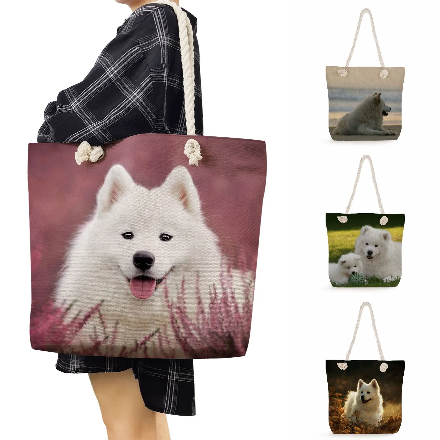 Cute Dog Samoye Print Women Shoulder Bag Large capacity Eco Reusable Portable Female Shopping Bag Casual Beach Travel Handbags