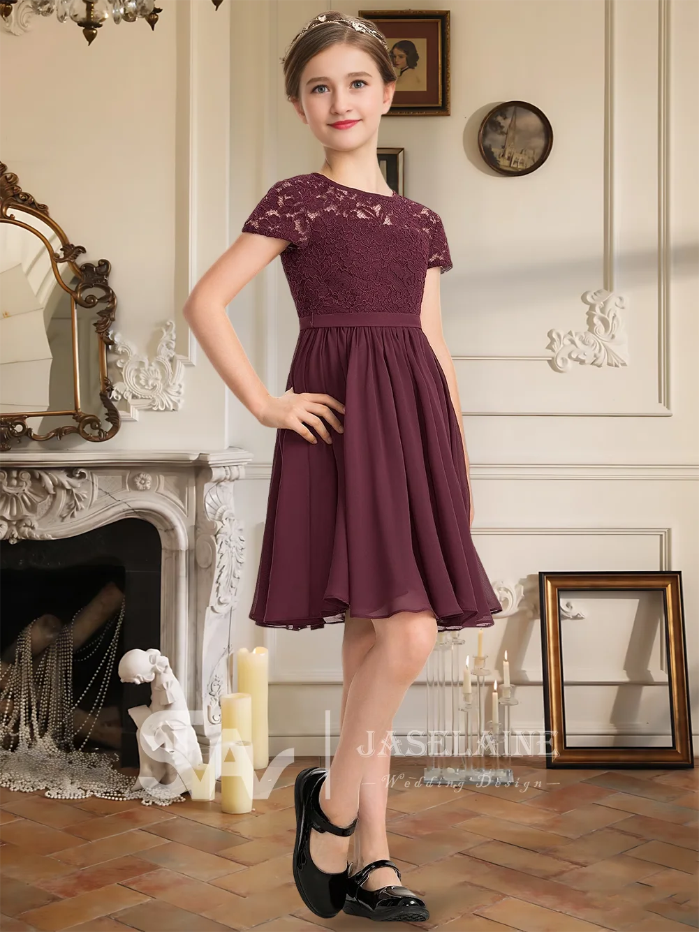 Abito da damigella d'onore junior con scollo a barchetta e fiocco Abito da ragazza di fiori in chiffon di pizzo al ginocchio Manica corta Festa di nozze formale per ragazze