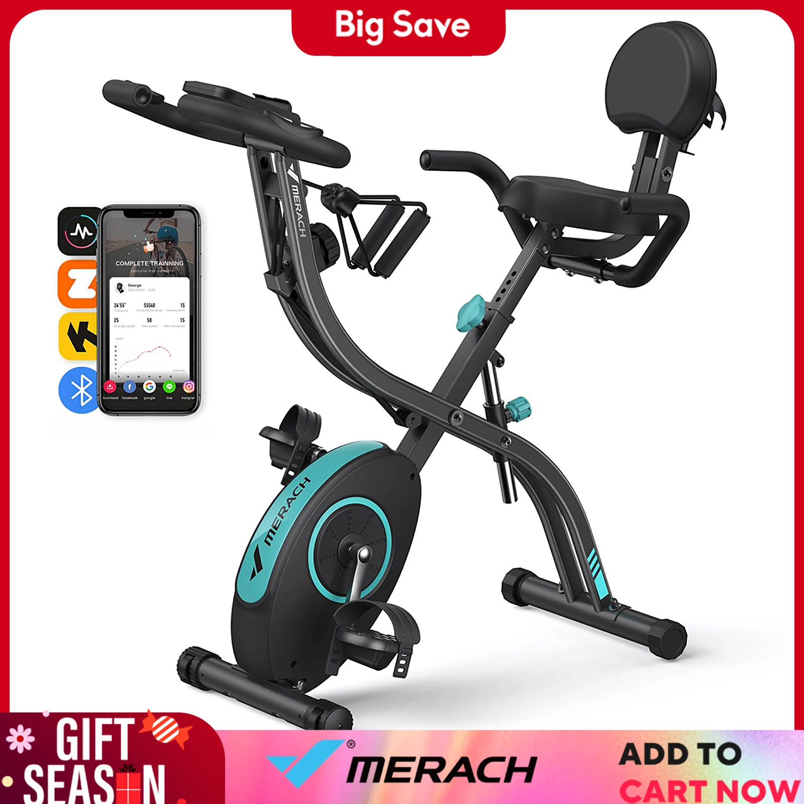 MERACH Folding Exercise Bike 4in1 Magnetic Stationary with16-Level Resistance Exclusive APP 300LB Capacity Comfort Seat  X-bike