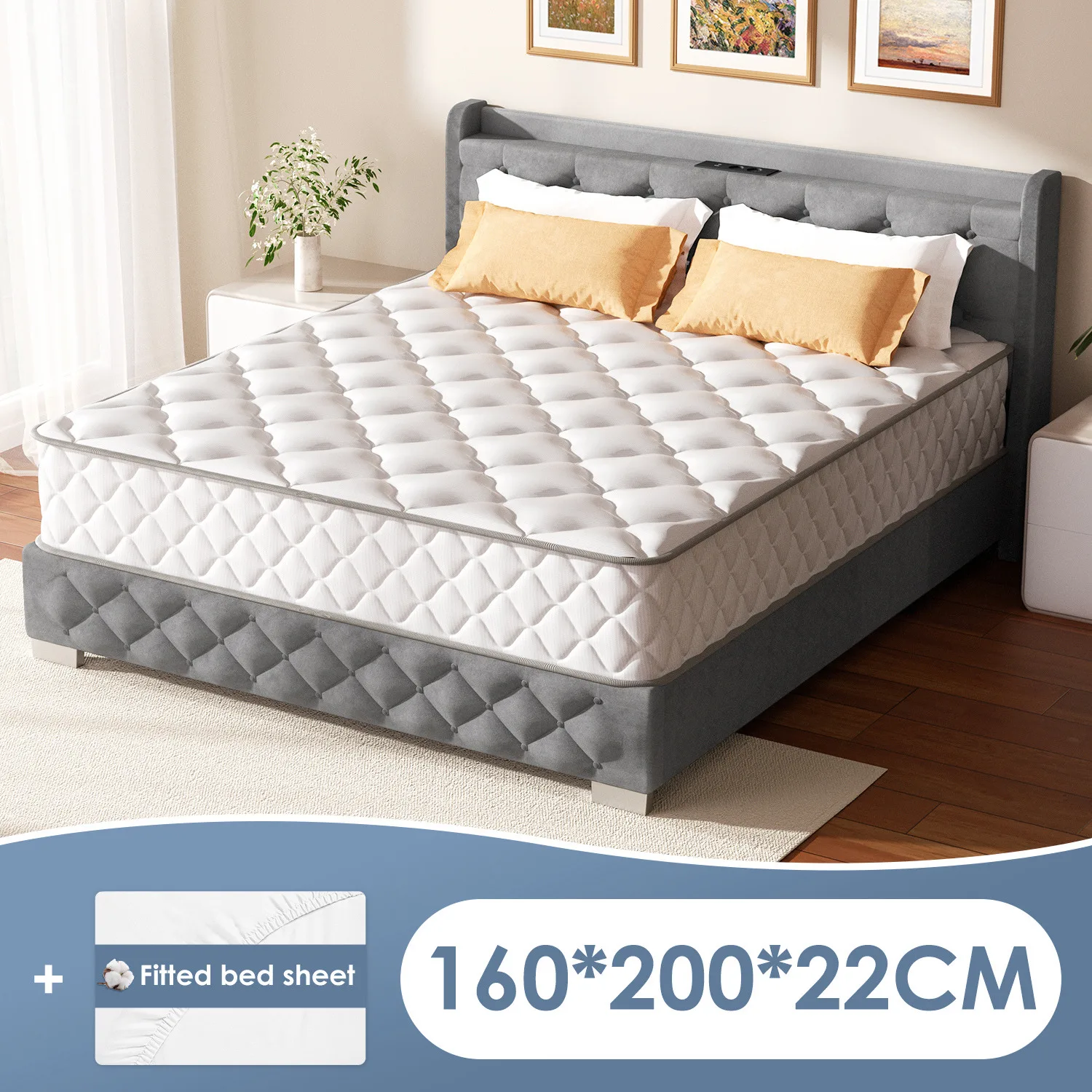 Matelas Hiazurm, 160x200cm, ressorts ensachés, 22cm d'épaisseur, soutien adaptatif 7 zones, fermeté moyenne H3, couvre-lit amovible
